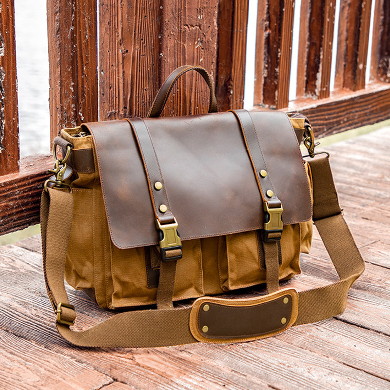 Canvas Messenger Bag Vintage Leather Canvas Briefcase Shoulder Crossbody Bag Laptop Bag Mens Satchel Gift for Him RockCow Leather Studio