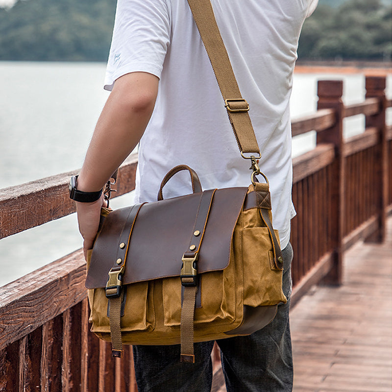 Canvas Messenger Bag Vintage Leather Canvas Briefcase Shoulder Crossbody Bag Laptop Bag Mens Satchel Gift for Him RockCow Leather Studio
