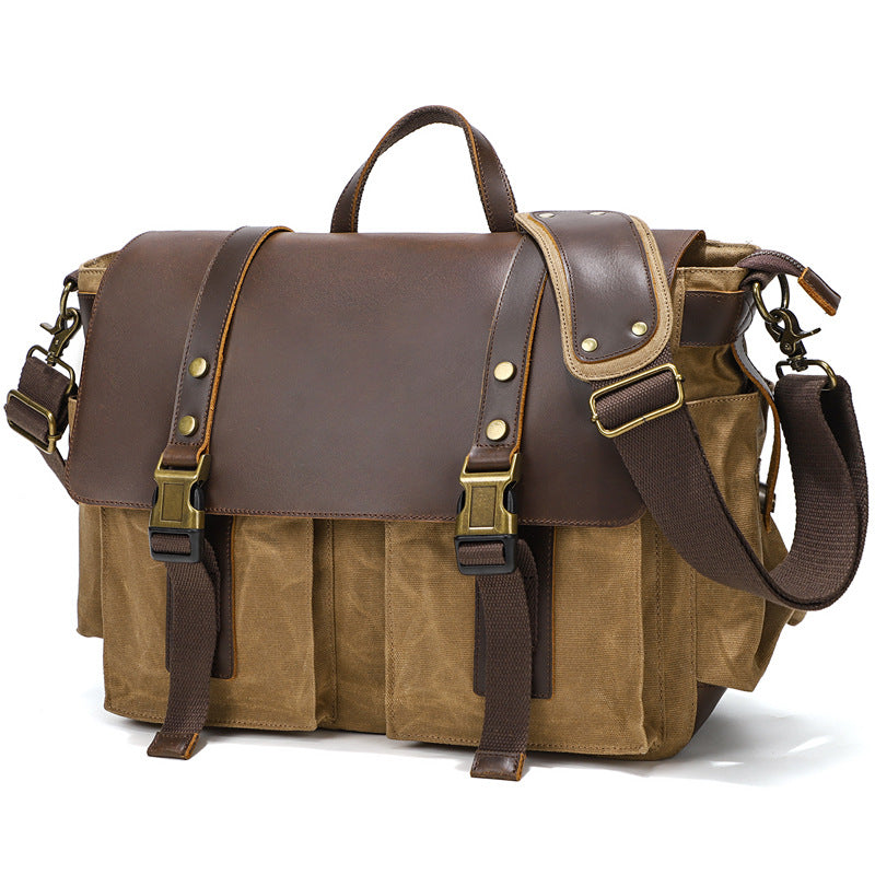 Canvas Messenger Bag Vintage Leather Canvas Briefcase Shoulder Crossbody Bag Laptop Bag Mens Satchel Gift for Him RockCow Leather Studio