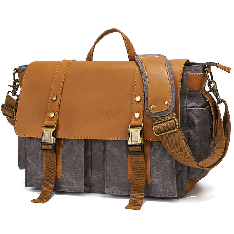 Canvas Messenger Bag Vintage Leather Canvas Briefcase Shoulder Crossbody Bag Laptop Bag Mens Satchel Gift for Him RockCow Leather Studio