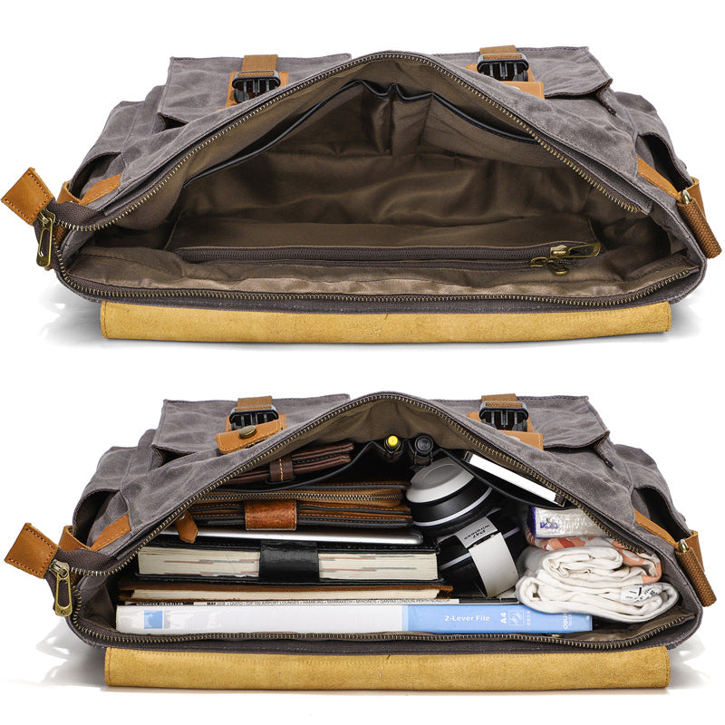 Canvas Messenger Bag Vintage Leather Canvas Briefcase Shoulder Crossbody Bag Laptop Bag Mens Satchel Gift for Him RockCow Leather Studio