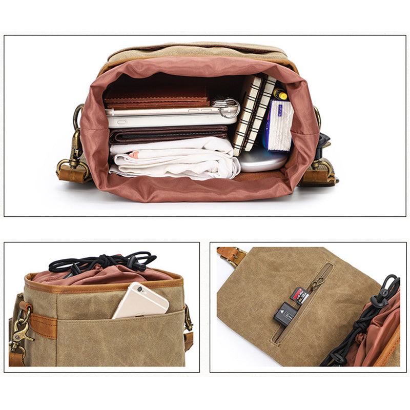 Canvas With Leather Camera Bag Waxed Canvas DSLR Camera Bag Waterproof Vintage Crossbody Messenger Bag QSMK-67 RockCow Leather Studio