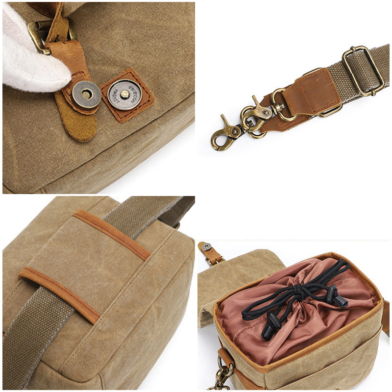 Canvas With Leather Camera Bag Waxed Canvas DSLR Camera Bag Waterproof Vintage Crossbody Messenger Bag QSMK-67 RockCow Leather Studio