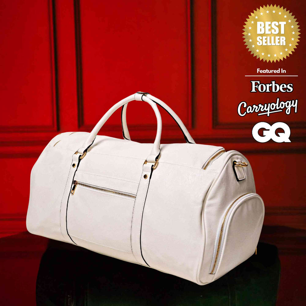 White Leather Weekender Duffle Bag Sole Premise