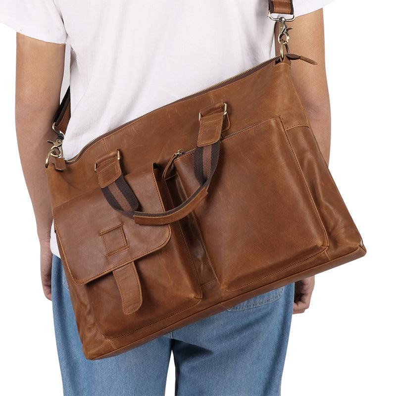 Crazy Horse Leather Briefcase Retro Tote Bag Handmade Shoulder Messenger Bag RockCow Leather Studio