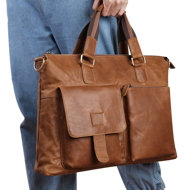 Crazy Horse Leather Briefcase Retro Tote Bag Handmade Shoulder Messenger Bag RockCow Leather Studio