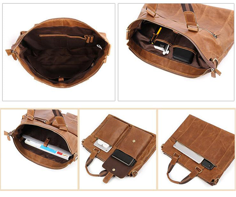 Crazy Horse Leather Briefcase Retro Tote Bag Handmade Shoulder Messenger Bag RockCow Leather Studio