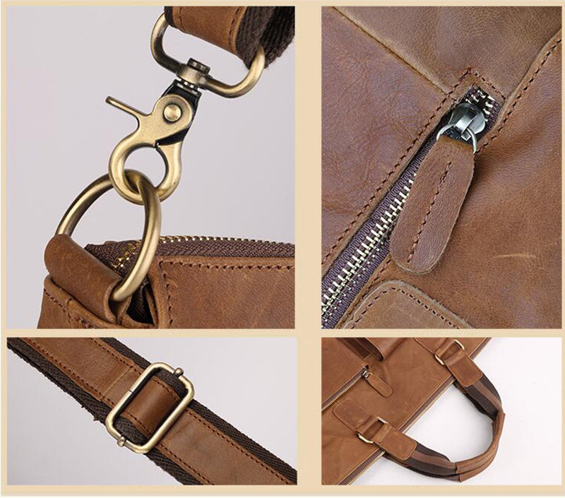 Crazy Horse Leather Briefcase Retro Tote Bag Handmade Shoulder Messenger Bag RockCow Leather Studio