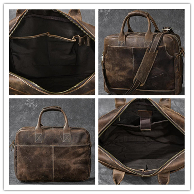 Crazy Horse Leather Large Briefcase Men Tote Bag Vintage Shoulder Messenger Bag RockCow Leather Studio