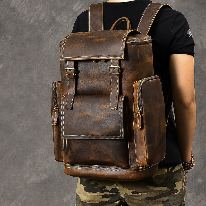 Crazy Horse Leather Men Backpack Vintage Laptop Backpack Travel Backpack ESS468 RockCow Leather Studio