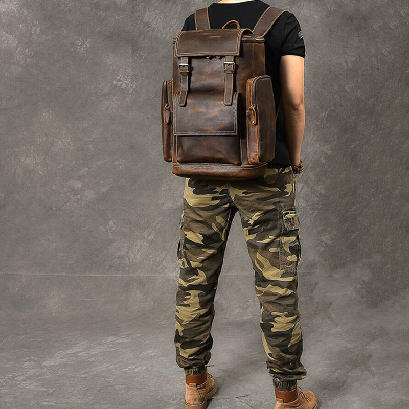 Crazy Horse Leather Men Backpack Vintage Laptop Backpack Travel Backpack ESS468 RockCow Leather Studio