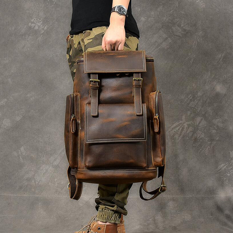 Crazy Horse Leather Men Backpack Vintage Laptop Backpack Travel Backpack ESS468 RockCow Leather Studio