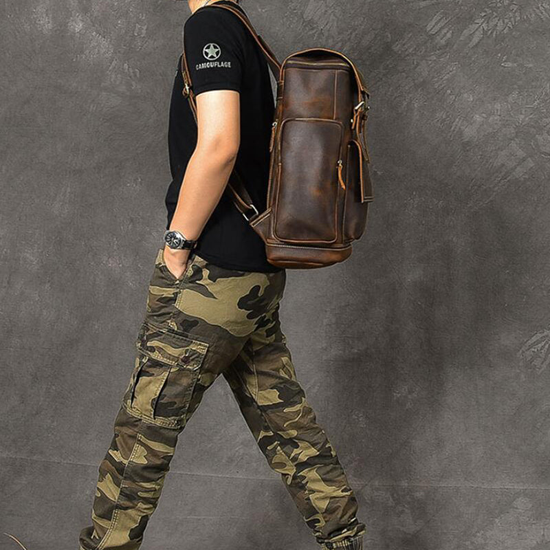 Crazy Horse Leather Men Backpack Vintage Laptop Backpack Travel Backpack ESS468 RockCow Leather Studio