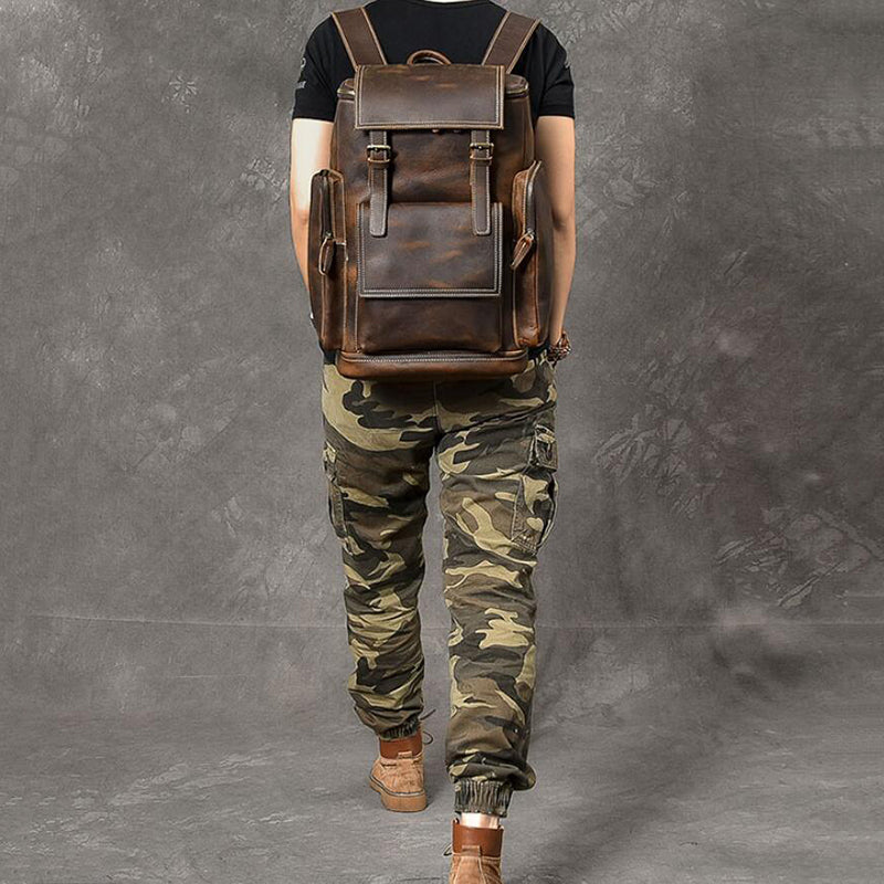 Crazy Horse Leather Men Backpack Vintage Laptop Backpack Travel Backpack ESS468 RockCow Leather Studio