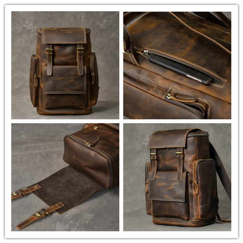 Crazy Horse Leather Men Backpack Vintage Laptop Backpack Travel Backpack ESS468 RockCow Leather Studio