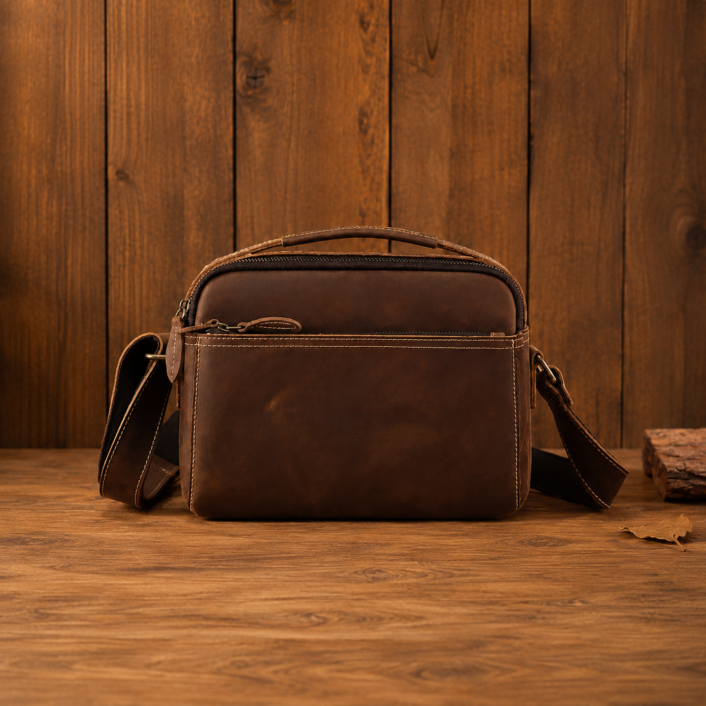 Crazy Horse Leather Crossbody Bag for Men, Premium Casual Commuter Shoulder Bag, Multifunctional Horizontal Men's Bag RockCow Leather Studio