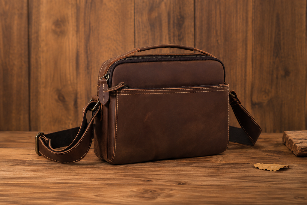 Crazy Horse Leather Crossbody Bag for Men, Premium Casual Commuter Shoulder Bag, Multifunctional Horizontal Men's Bag RockCow Leather Studio