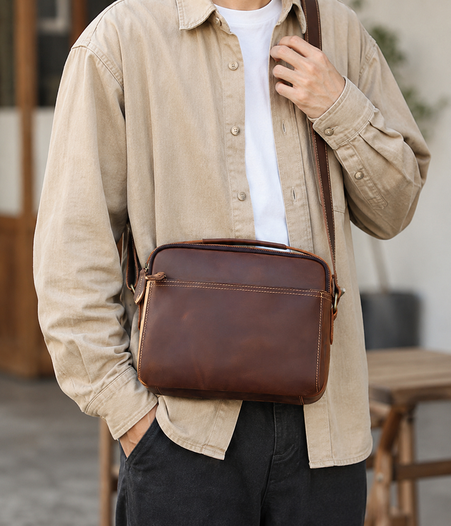 Crazy Horse Leather Crossbody Bag for Men, Premium Casual Commuter Shoulder Bag, Multifunctional Horizontal Men's Bag RockCow Leather Studio