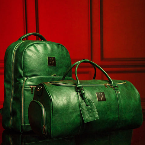Emerald Green Leather 2 Bag Set (Commuter Backpack and Duffle) Sole Premise
