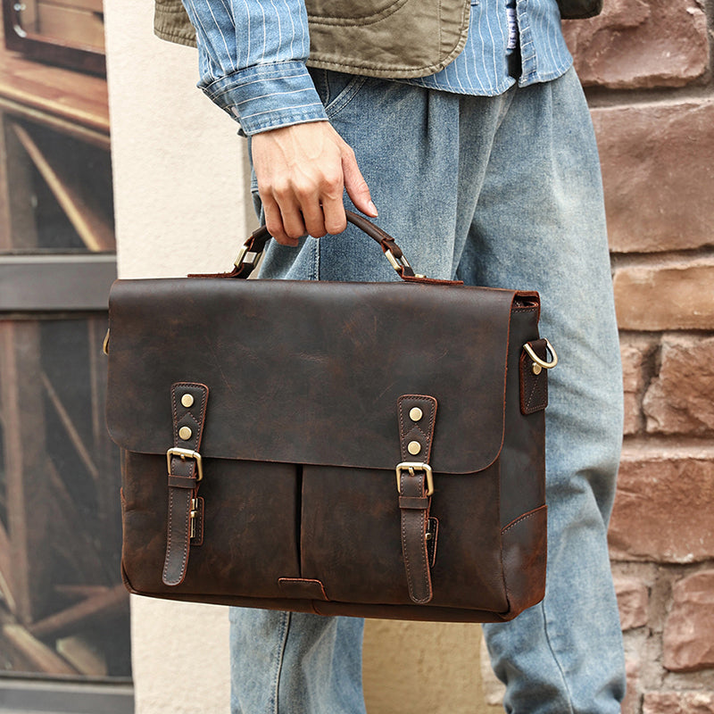 Full Grain Leather Briefcase Men's Leather Messenger Bag Handmade Laptop Bag Crossbody Shoulder Bag Top Handle Business Bag RockCow Leather Studio