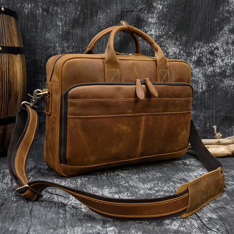 Full Grain Leather Briefcase, Mens Retro Leather Handmade Laptop Bag, Messenger Bag RockCow Leather Studio
