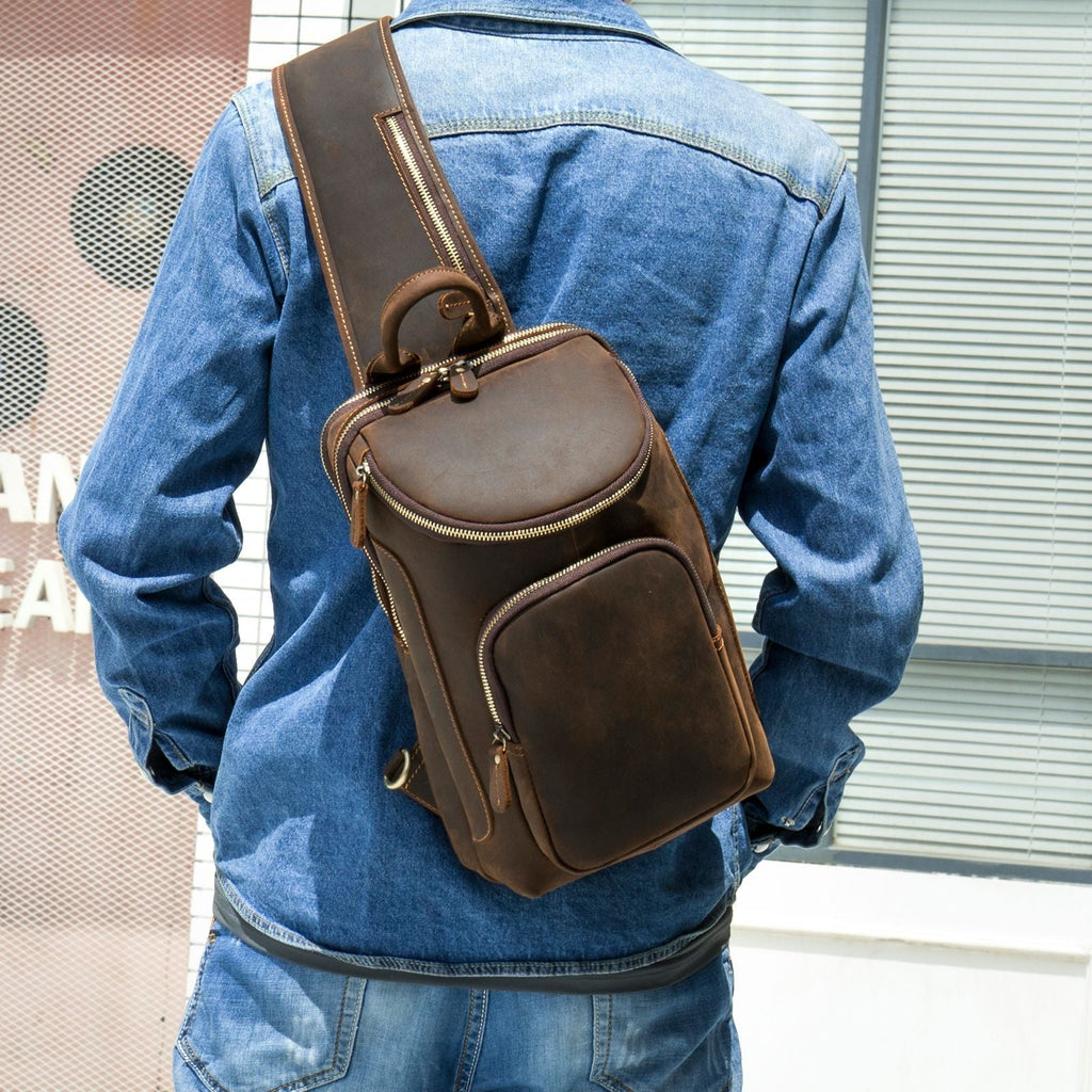 Full Grain Leather Chest Bag Retro Leather Crossbody Bag Handmade Mens Leather Sling Bag RockCow Leather Studio