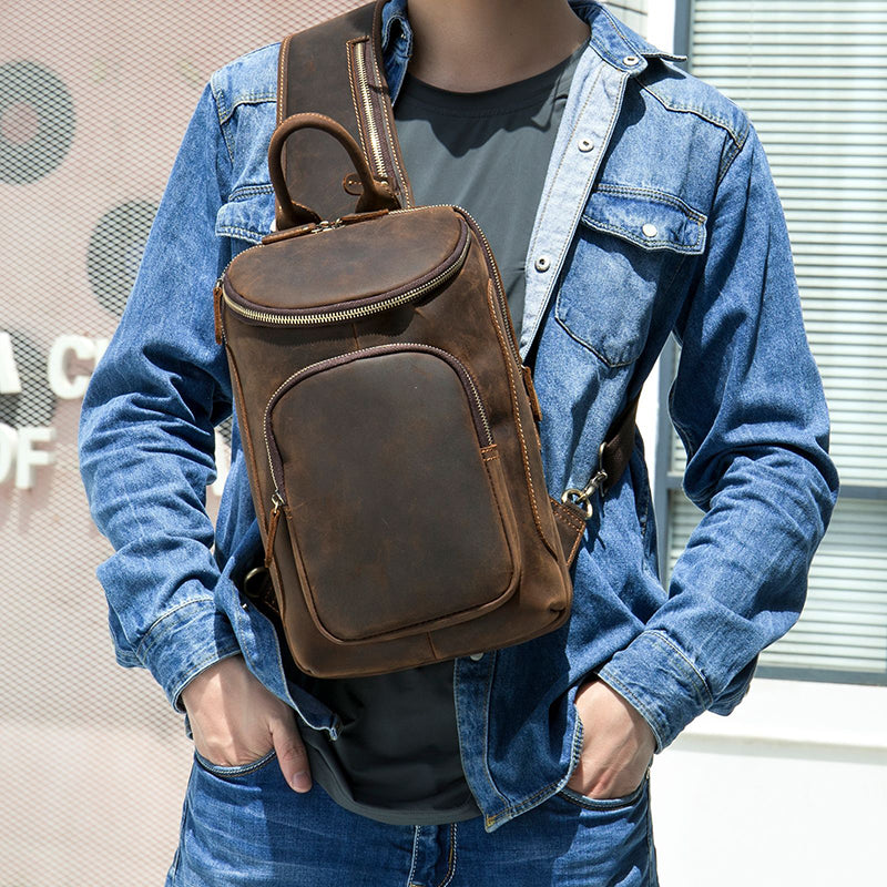 Full Grain Leather Chest Bag Retro Leather Crossbody Bag Handmade Mens Leather Sling Bag RockCow Leather Studio