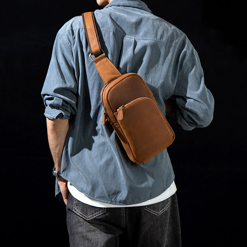 Full Grain Leather Chest Pack Mens Leather Shoulder Bag Crossbody Bag Vintage Chest Bag MSGC1 RockCow Leather Studio