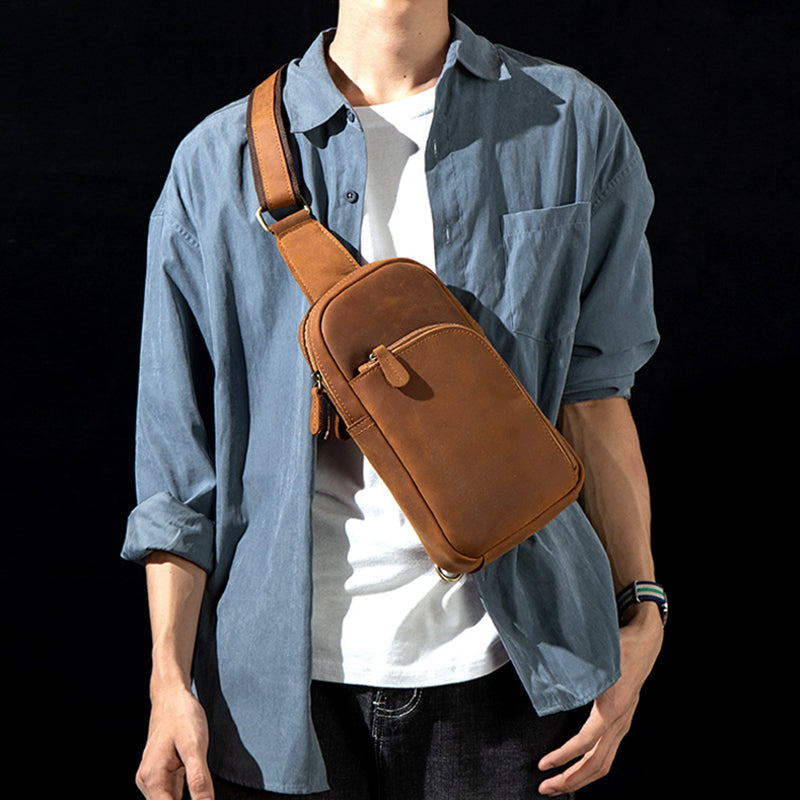 Full Grain Leather Chest Pack Mens Leather Shoulder Bag Crossbody Bag Vintage Chest Bag MSGC1 RockCow Leather Studio