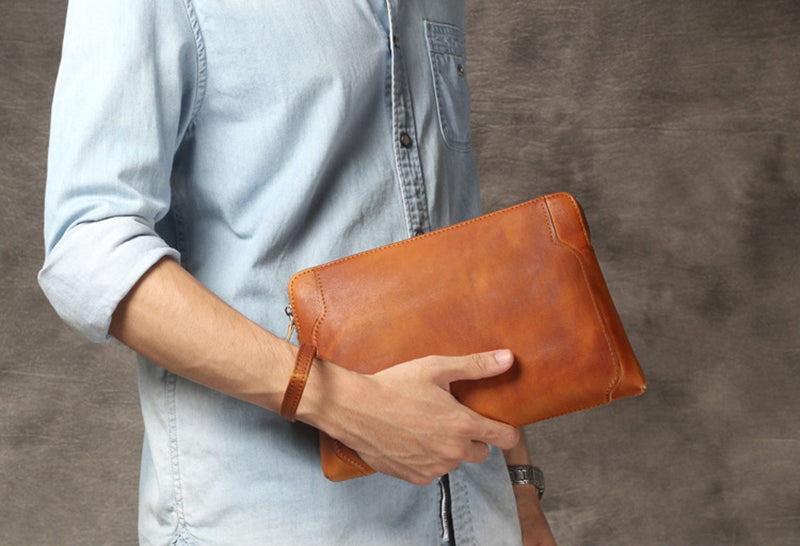 Full Grain Leather Clutch Handmade Mens Wrist Bag Large Long Wallet For Men SWK1109 RockCow Leather Studio