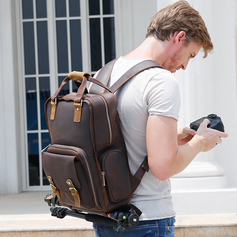 Full Grain Leather DSLR Camera Backpack Full Grain Leather Travel Backpack Crazy Horse Leather Mens Laptop Backpack RockCow Leather Studio