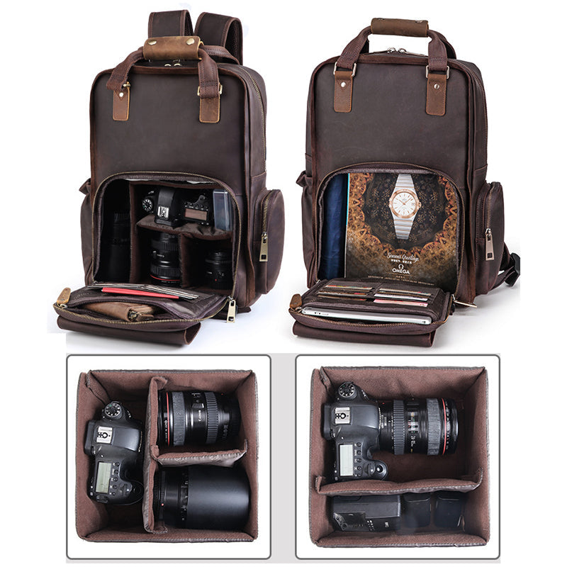 Full Grain Leather DSLR Camera Backpack Full Grain Leather Travel Backpack Crazy Horse Leather Mens Laptop Backpack RockCow Leather Studio