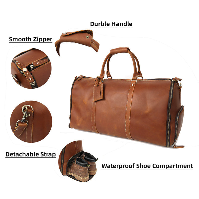 Men's Convertible Full Grain Leather Garment Bag, Carry-On Weekender with Shoe Compartment RockCow Leather Studio