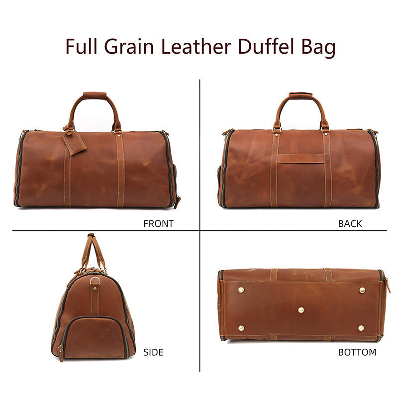 Men's Convertible Full Grain Leather Garment Bag, Carry-On Weekender with Shoe Compartment RockCow Leather Studio