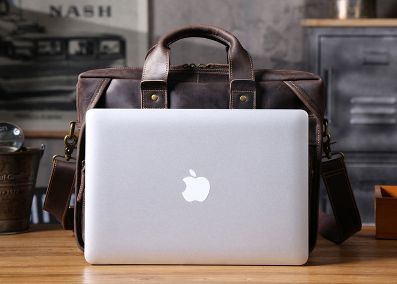 Full Grain Leather Laptop Bag Briefcase Leather Messenger Bag For Men Retro Leather Satchel Portfolio RockCow Leather Studio