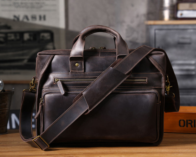 Full Grain Leather Laptop Bag Briefcase Leather Messenger Bag For Men Retro Leather Satchel Portfolio RockCow Leather Studio