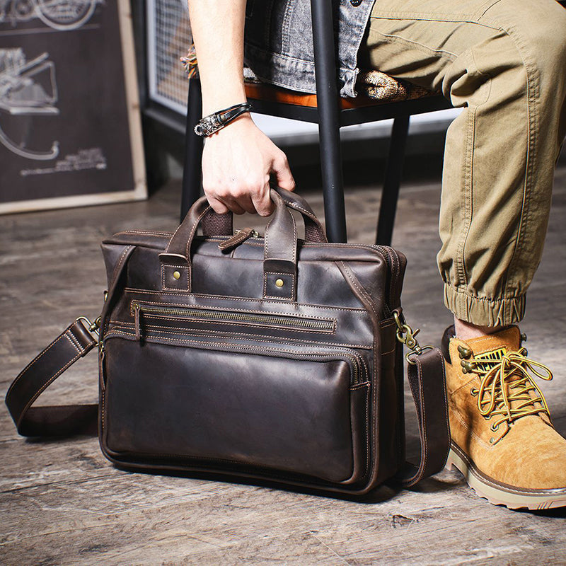 Full Grain Leather Laptop Bag Briefcase Leather Messenger Bag For Men Retro Leather Satchel Portfolio RockCow Leather Studio