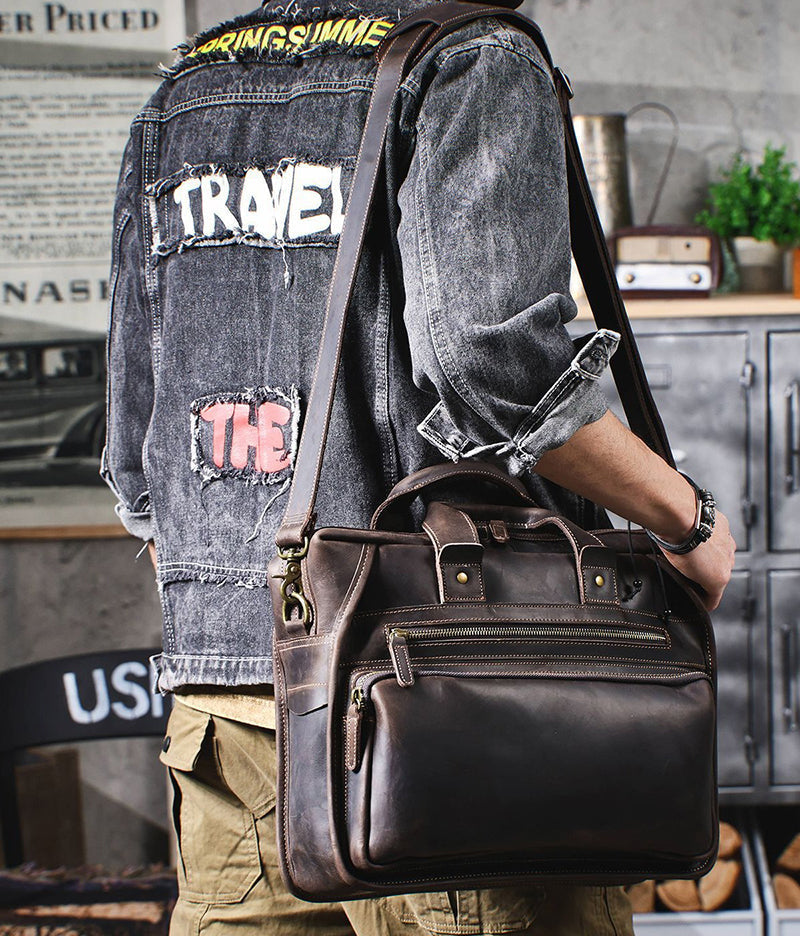 Full Grain Leather Laptop Bag Briefcase Leather Messenger Bag For Men Retro Leather Satchel Portfolio RockCow Leather Studio