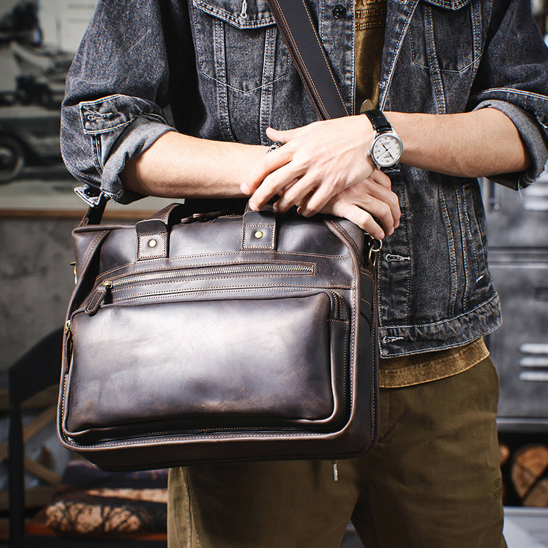Full Grain Leather Laptop Bag Briefcase Leather Messenger Bag For Men Retro Leather Satchel Portfolio RockCow Leather Studio