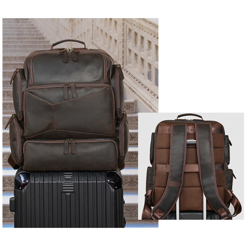 Full Grain Leather Large Travel Backpack Crazy Horse Leather Retro Backpack Mens Outdoor Travel Rucksack Laptop Backpack RockCow Leather Studio