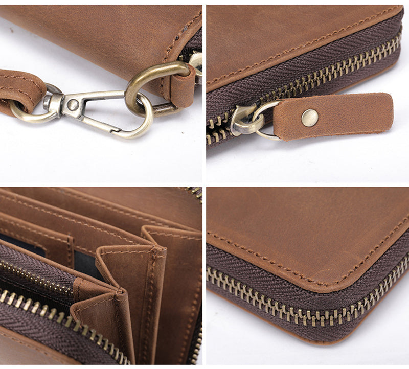 Full Grain Leather Men's Wallet Handmade Long Clutch Retro Mens Leather Zipper Wallet M1028 RockCow Leather Studio