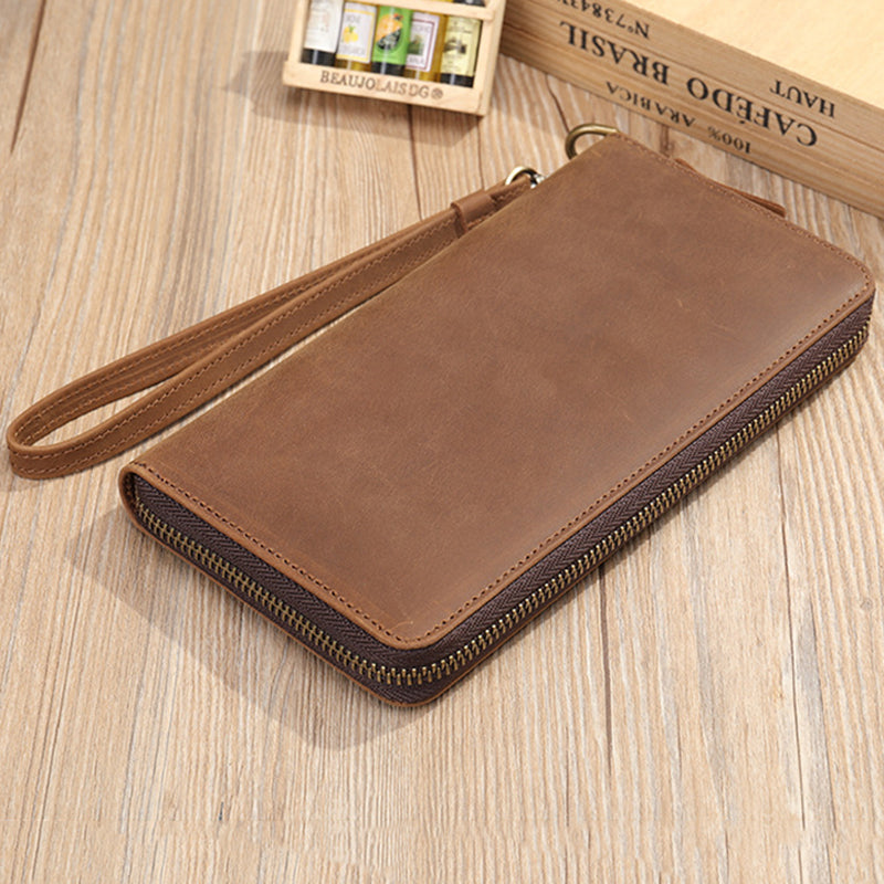Full Grain Leather Men's Wallet Handmade Long Clutch Retro Mens Leather Zipper Wallet M1028 RockCow Leather Studio