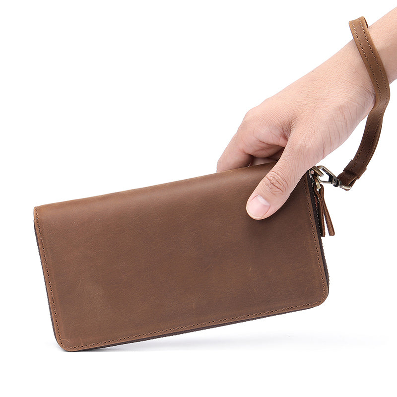 Full Grain Leather Men's Wallet Handmade Long Clutch Retro Mens Leather Zipper Wallet M1028 RockCow Leather Studio