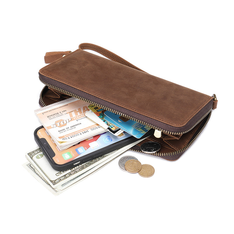 Full Grain Leather Men's Wallet Handmade Long Clutch Retro Mens Leather Zipper Wallet M1028 RockCow Leather Studio