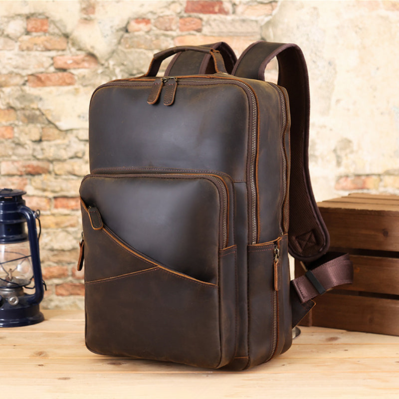 Full Grain Leather backpack Mens Crazy Horse Laptop Backpack Handmade Retro Large Leather Travel Backpacks For Mens RockCow Leather Studio