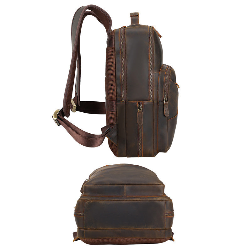 Full Grain Leather backpack Mens Crazy Horse Laptop Backpack Handmade Retro Large Leather Travel Backpacks For Mens RockCow Leather Studio