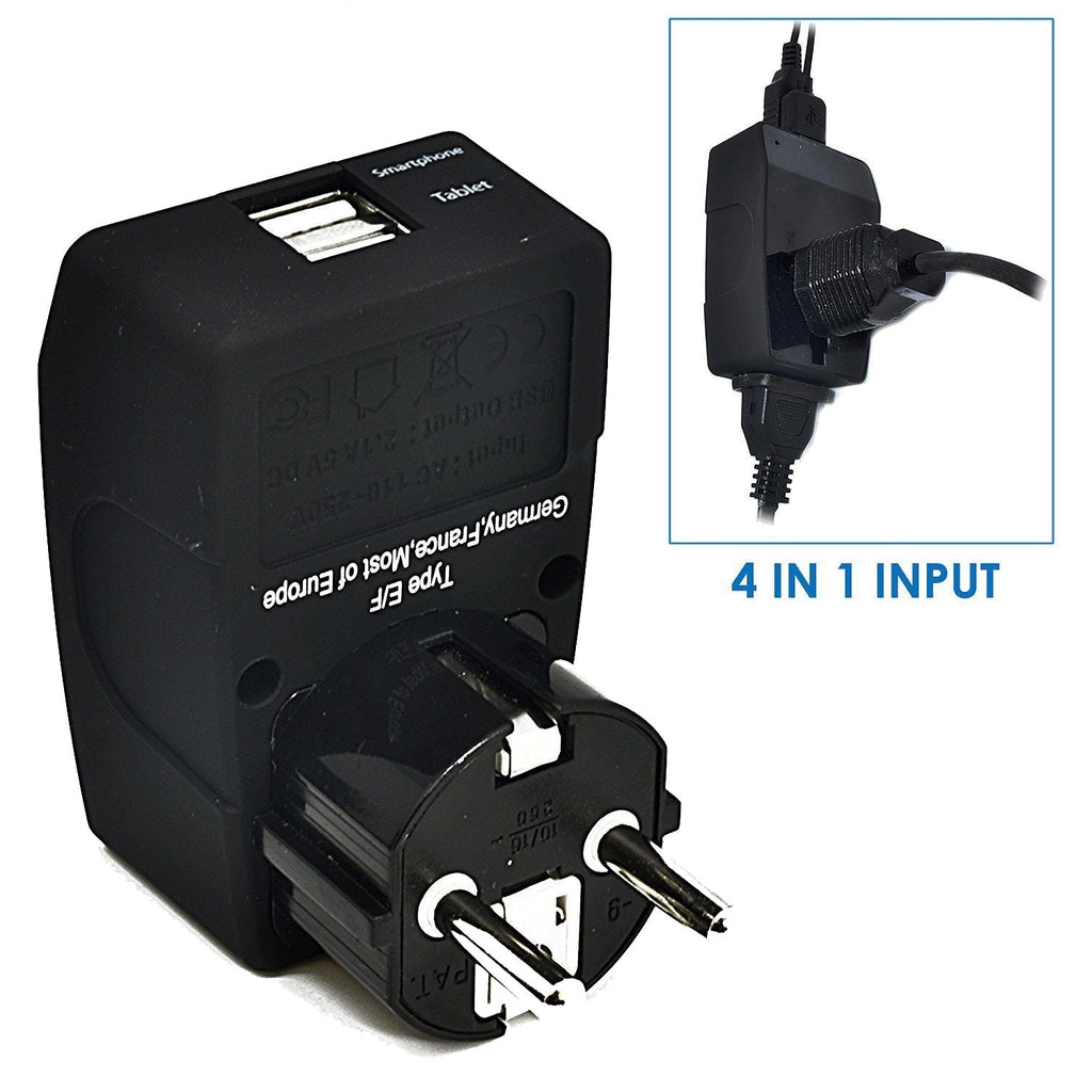 European Schucko Travel Adapter - Type E/F - 4 in 1 - 2 USB Ports (GP4-9) Ceptics