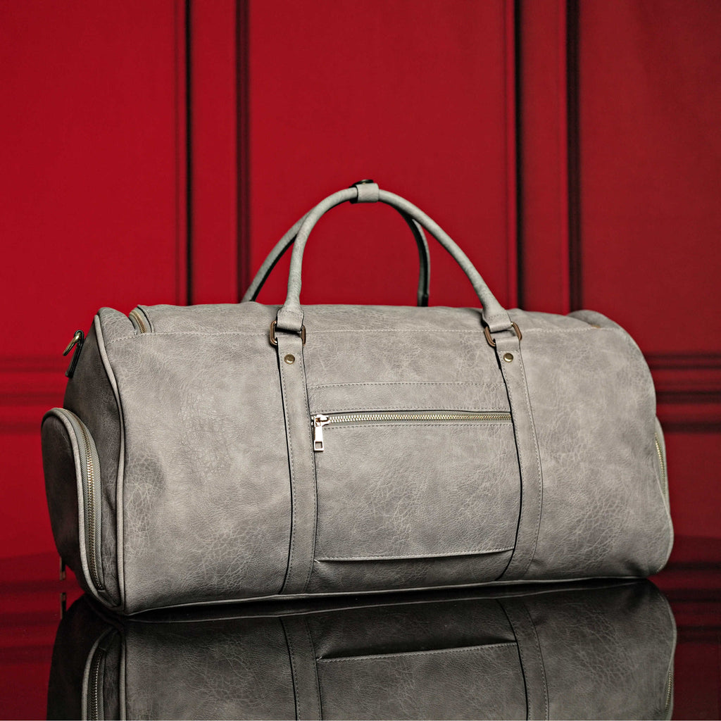 Grey Tumbled Leather Weekender Duffle Bag Sole Premise