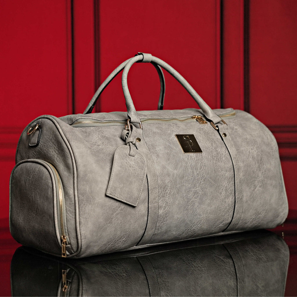 Grey Tumbled Leather Weekender Duffle Bag Sole Premise