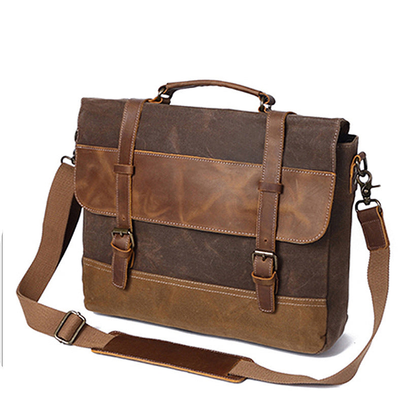 Handmade Waxed Canvas Leather Briefcase, Canvas Mens Messenger Laptop Bag, Retro Satchel Bag RockCow Leather Studio